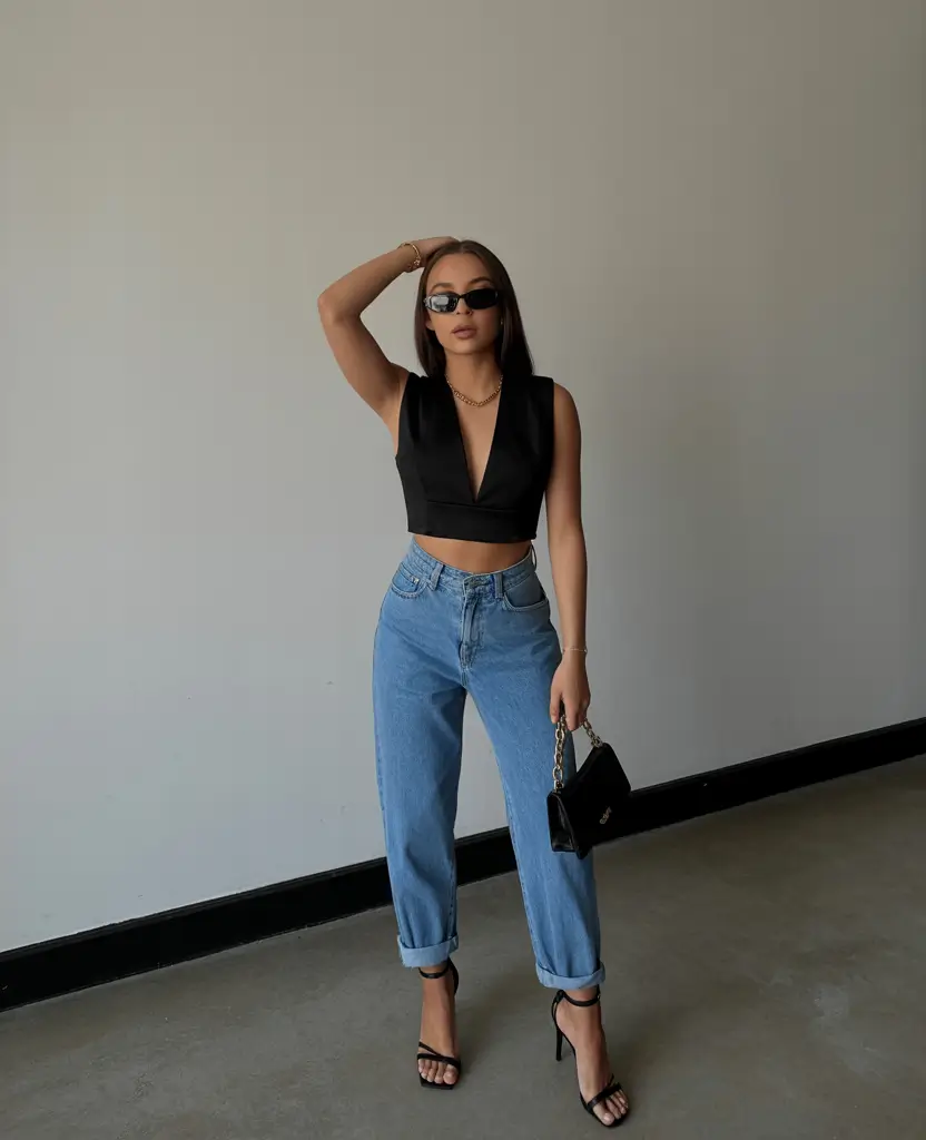 cute spring club outfits 2026 Deep V Cropped Top with Elevated Denim