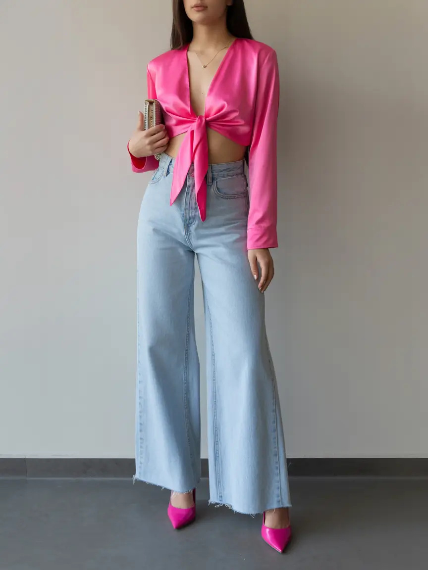 cute spring club outfits 2026 Hot Pink Satin with Wide Leg Denim Drama