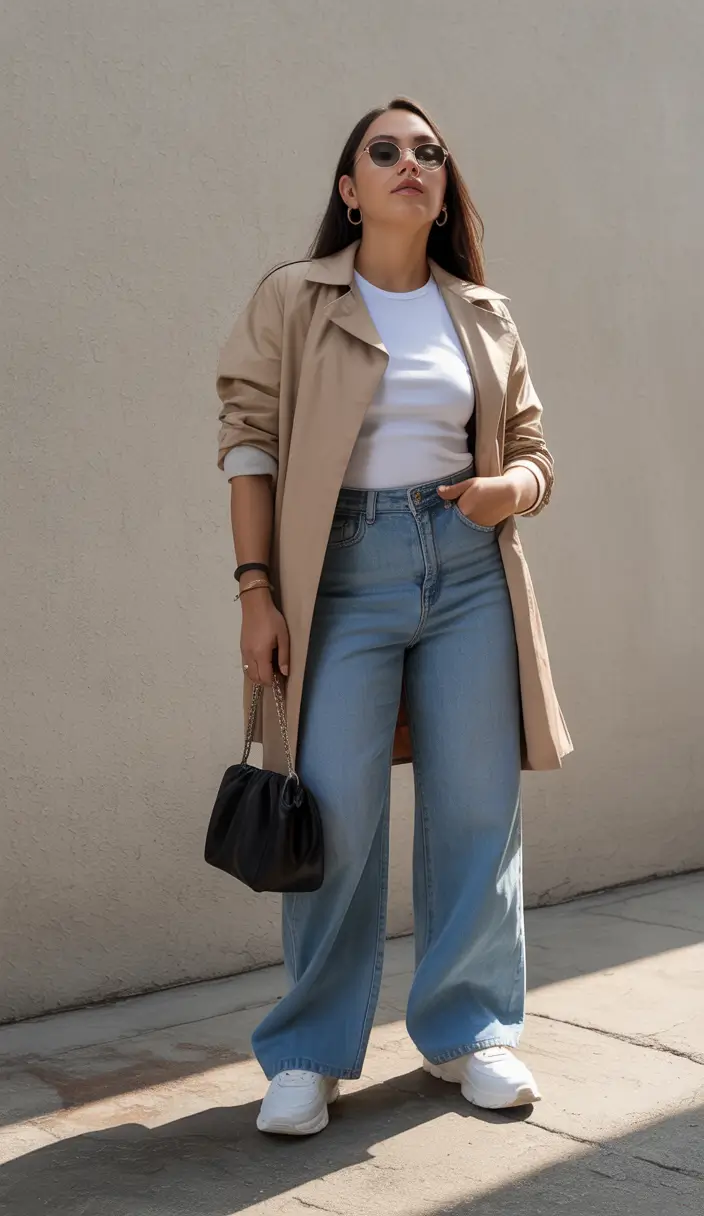 cute spring outfit with a t-shirt 2026 Clean White Tee With Light Trench and Denim