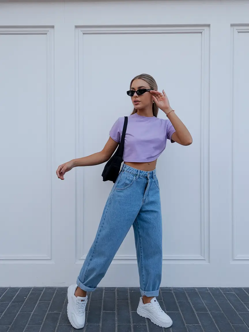 cute spring outfit with a t-shirt 2026 Lavender Crop Tee With Relaxed Cuffed Denim