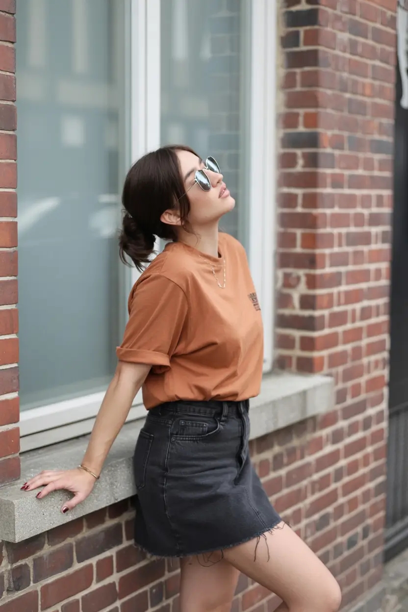 cute spring outfit with a t-shirt 2026 Warm Rust Tee With Charcoal Denim Skirt