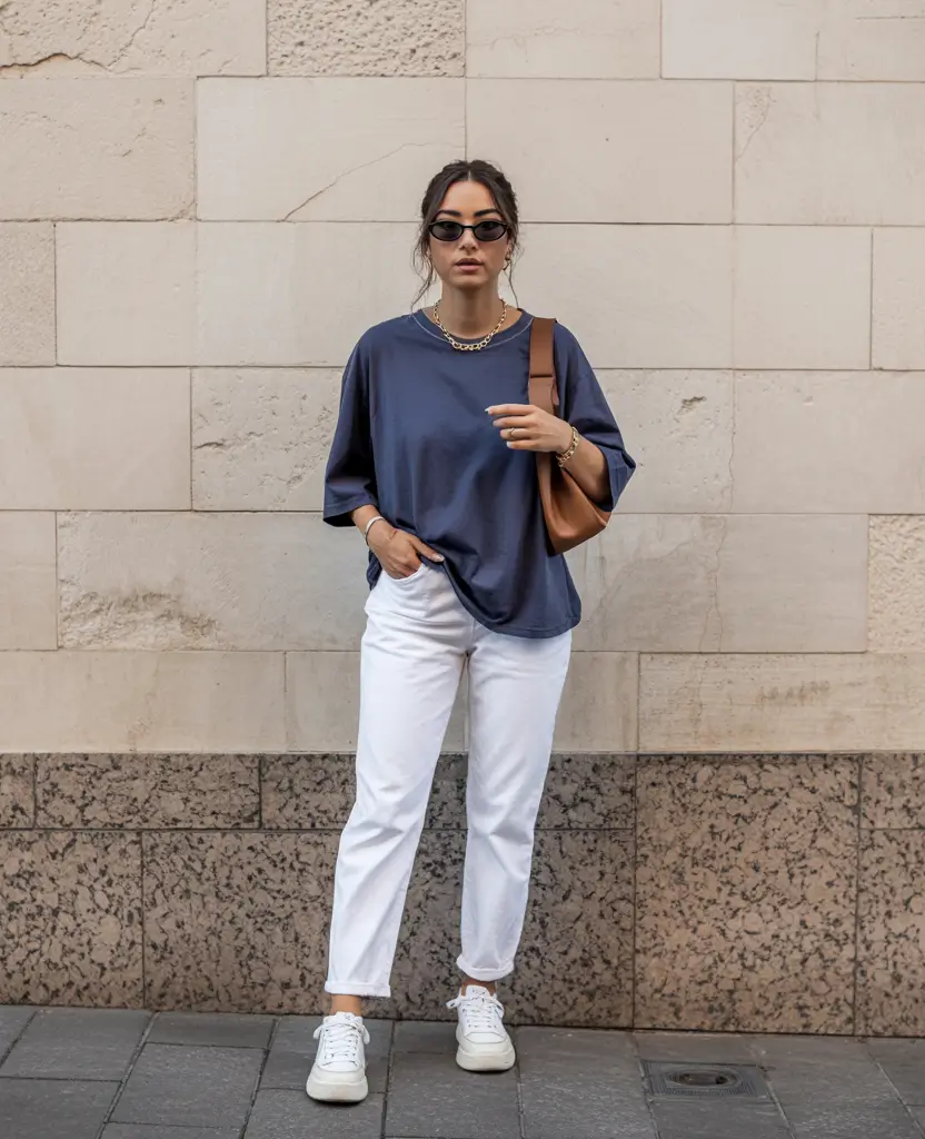 cute spring outfit with a t-shirt 2026 Navy Oversized Tee With White Denim