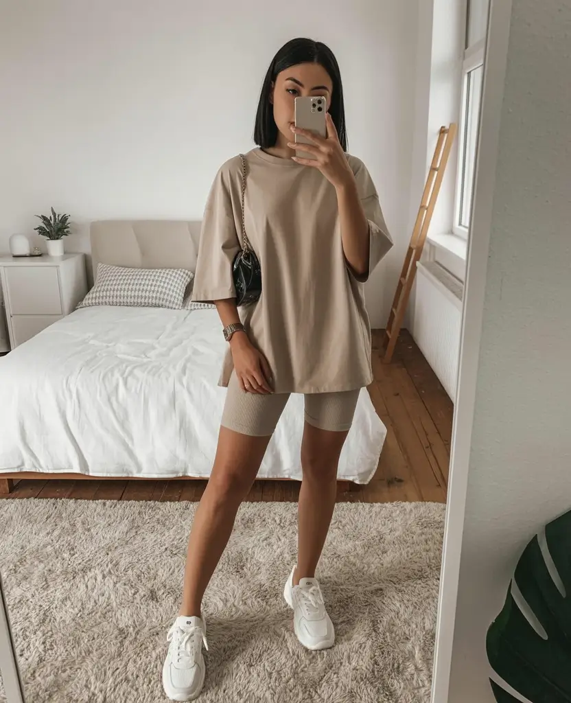 cute spring outfit with a t-shirt 2026 Soft Neutral Tee With Minimalist Bike Shorts