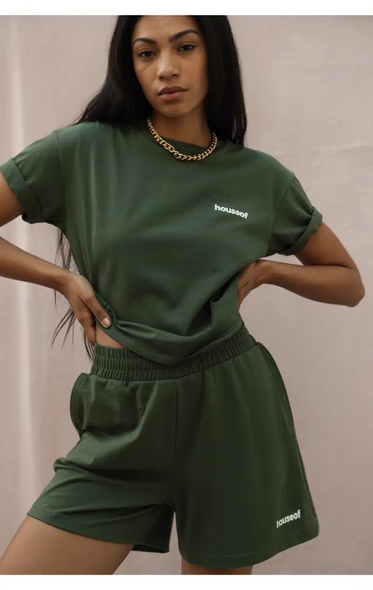 cute spring outfit with a t-shirt 2026 Forest Green Lounge Tee With Matching Shorts