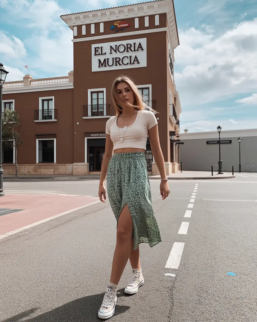 cute spring outfit with a t-shirt 2026 Cropped Soft Tee With Floral Midi Skirt