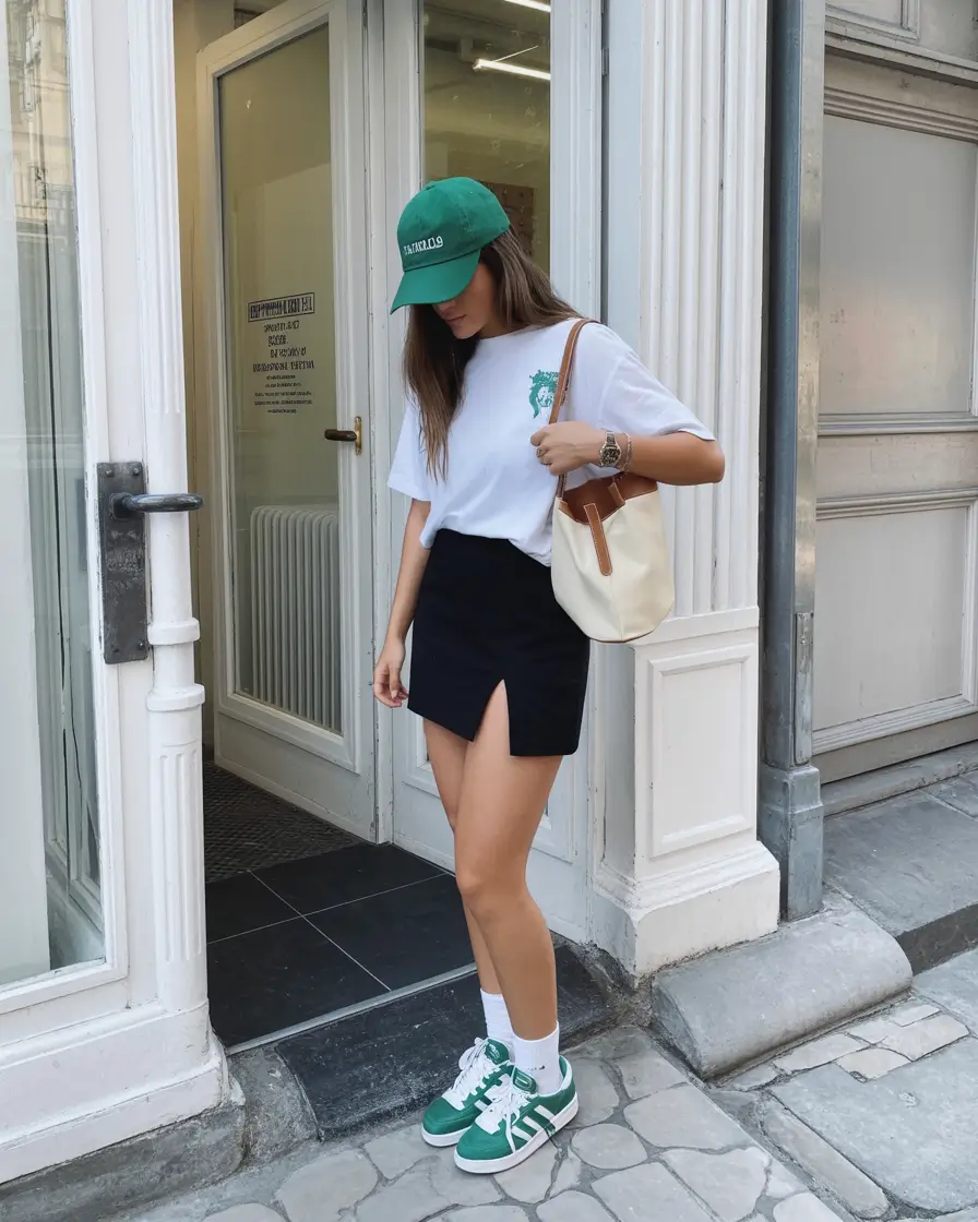cute spring outfit with a t-shirt 2026 Sporty Tee With Mini Skirt and Green Accents