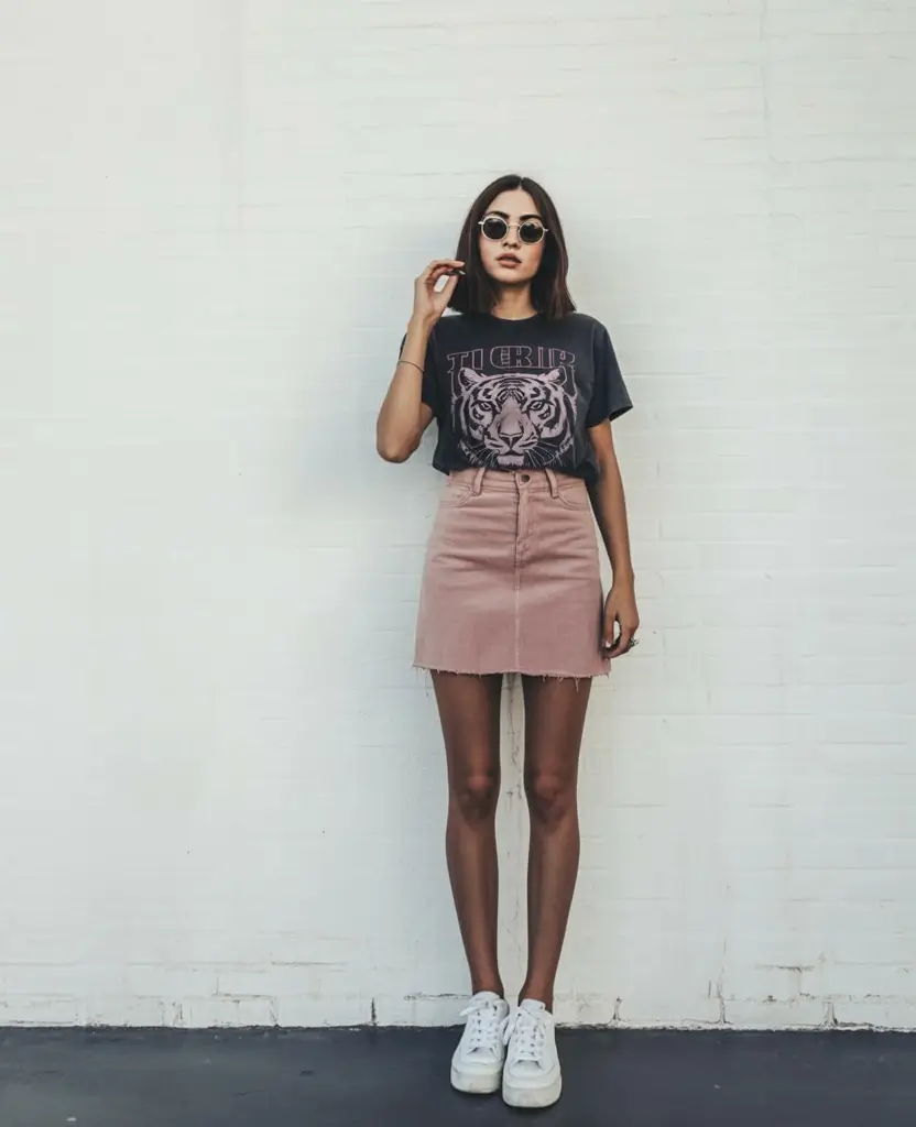 cute spring outfit with a t-shirt 2026 Graphic Black Tee With Blush Denim Skirt