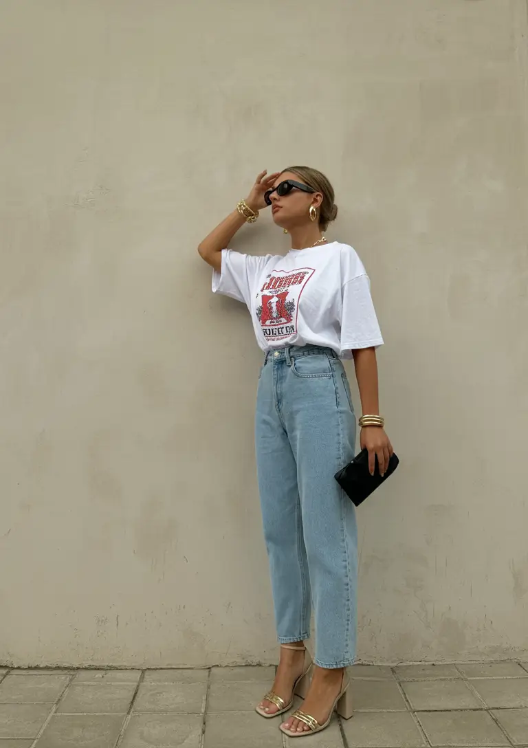 cute spring outfit with a t-shirt 2026 Statement Graphic Tee With Polished Denim and Gold Accessories