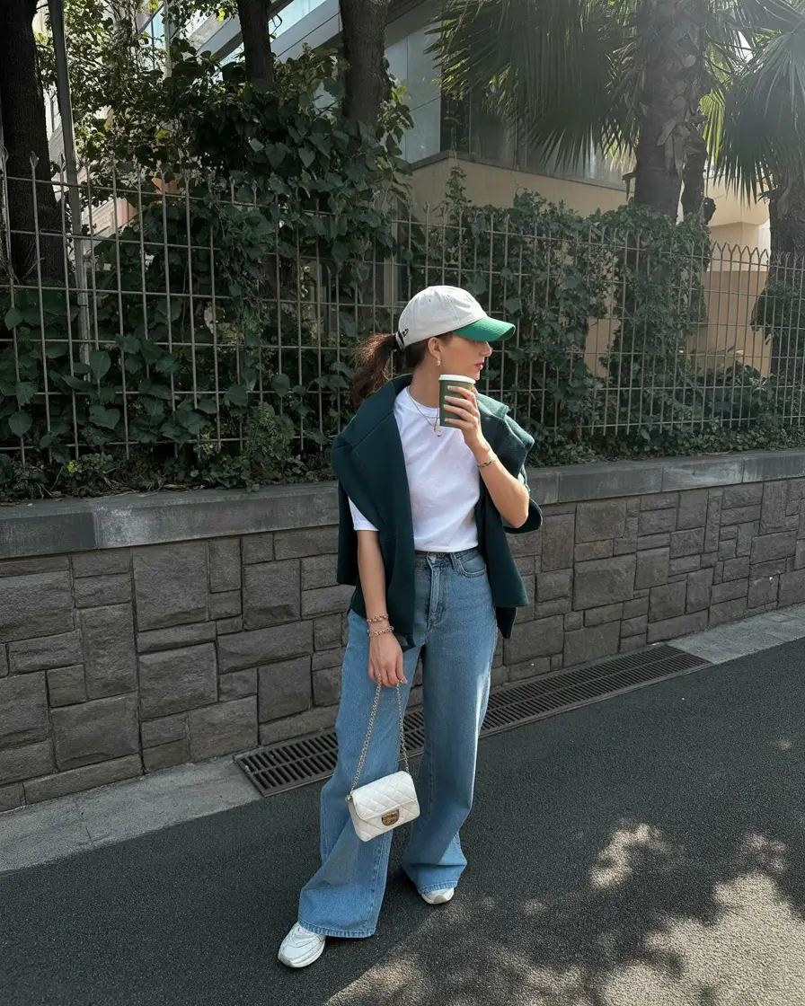 cute spring outfit with a t-shirt 2026 Classic White Tee With Wide Denim and Sporty Green Accents