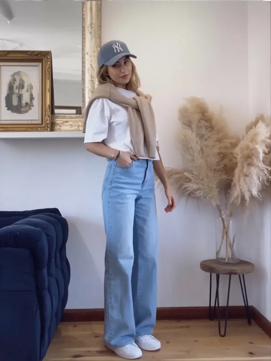 cute spring outfit with a t-shirt 2026 Soft White Tee With Neutral Knit and Light Denim