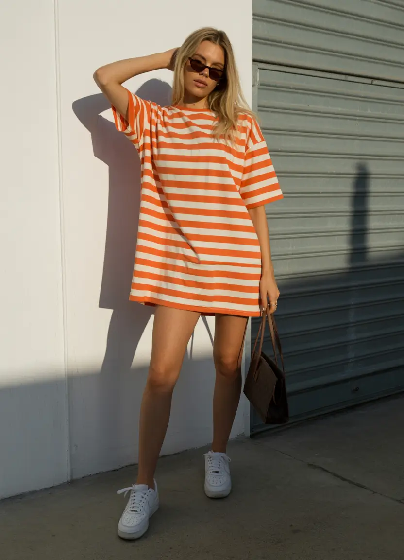 cute spring outfit with a t-shirt 2026 Striped Tee Dress With Fresh White Sneakers