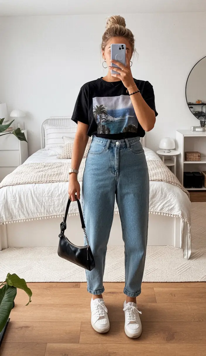 cute spring outfit with a t-shirt 2026 Black Scenic Tee With Tapered Denim
