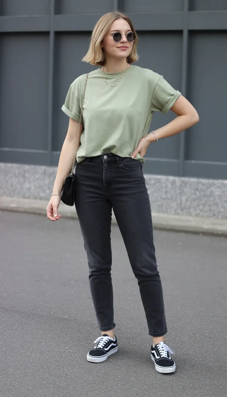 cute spring outfit with a t-shirt 2026 Sage Green Tee With Charcoal Denim