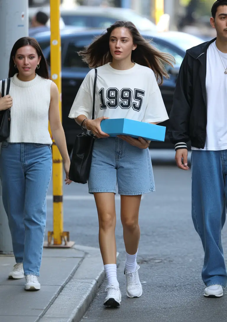 cute spring outfit with a t-shirt 2026 Retro Tee With Denim Bermuda Shorts