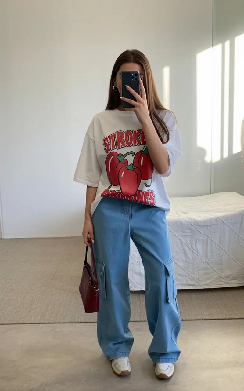 cute spring outfit with a t-shirt 2026 Playful Graphic Tee With Cargo Denim