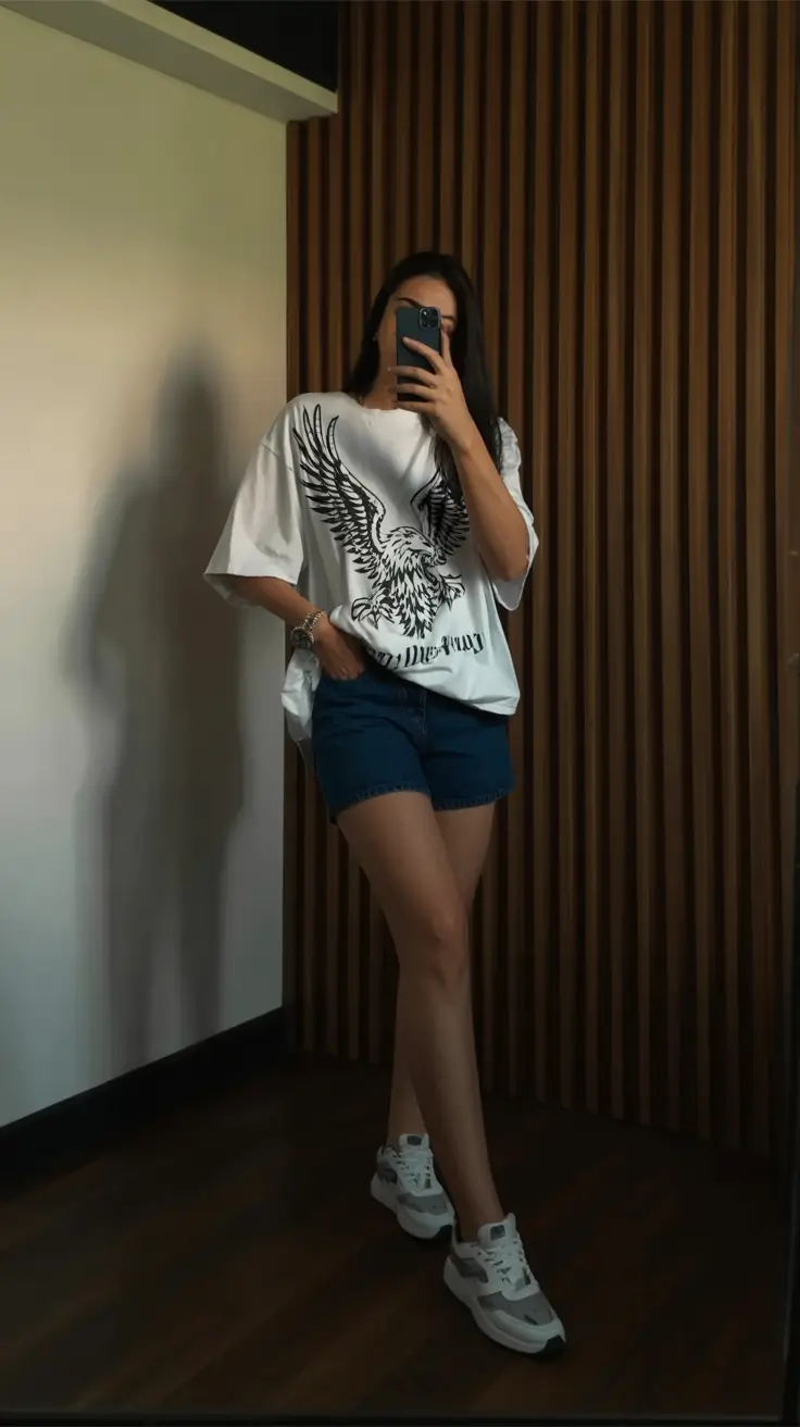 cute spring outfit with a t-shirt 2026 Bold Eagle Tee With Dark Denim Shorts