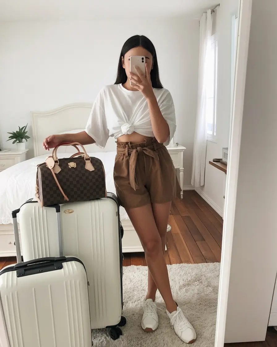 cute spring outfit with a t-shirt 2026 Cropped Knot Tee With Paperbag Shorts