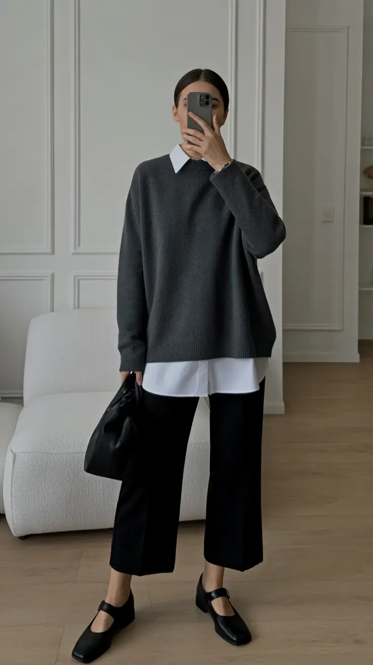 spring outfits women 2026 Soft Monochrome Layers with a Dark Academia Spring Mood