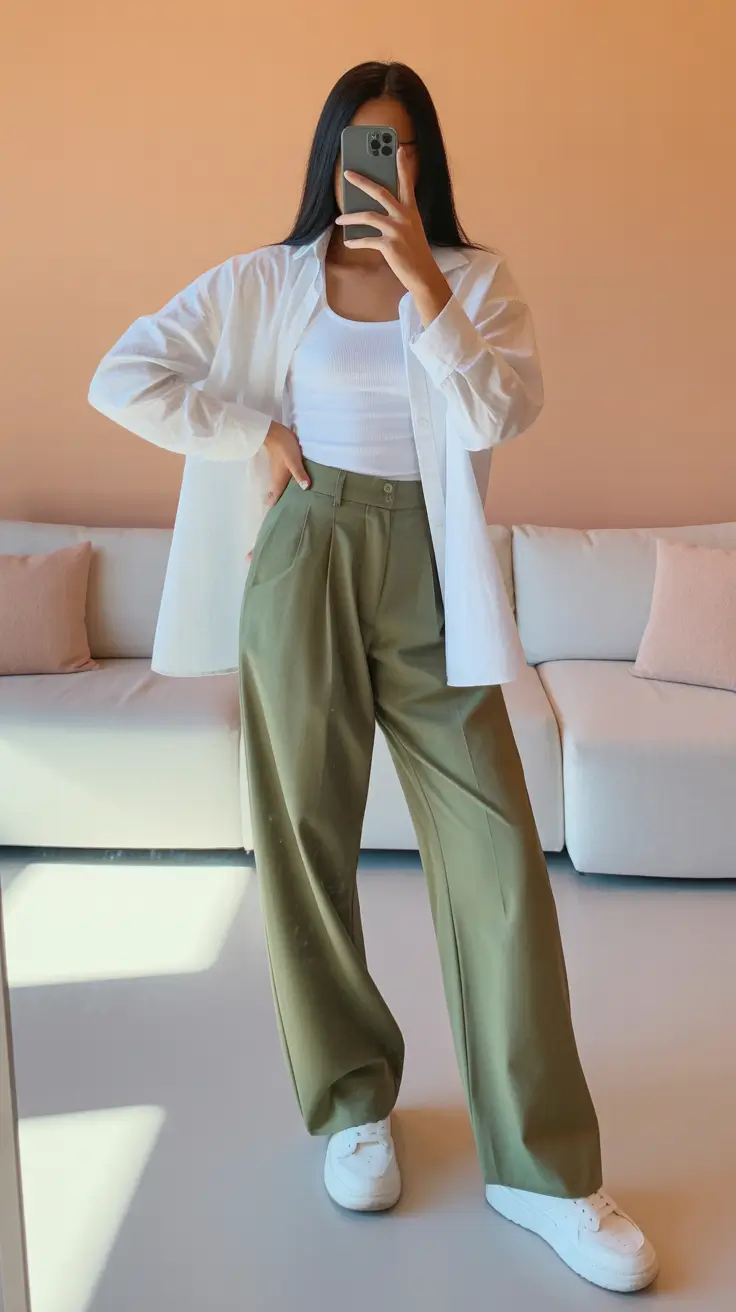 spring outfits women 2026 White Layers and Olive Tones for a Fresh Spring Balance