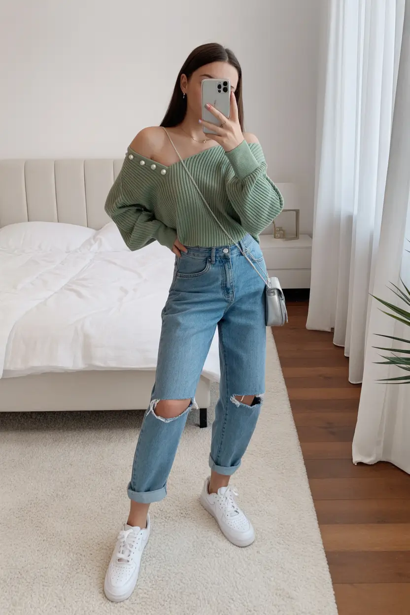 spring outfits women 2026 Soft Green Knits with a Playful Spring Attitude