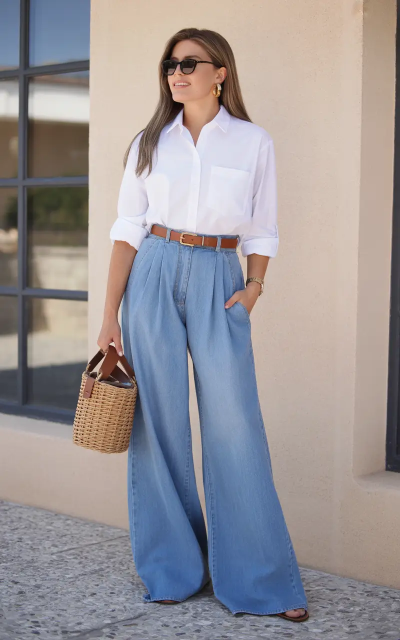 spring outfits women 2026 Effortless Wide Leg Denim with a Classic Touch