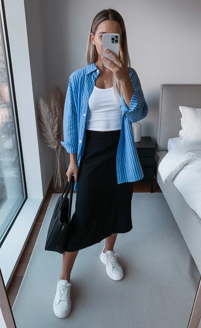 cute spring school outfits 2026 The Blue Stripe Shirt and Midi Skirt Formula