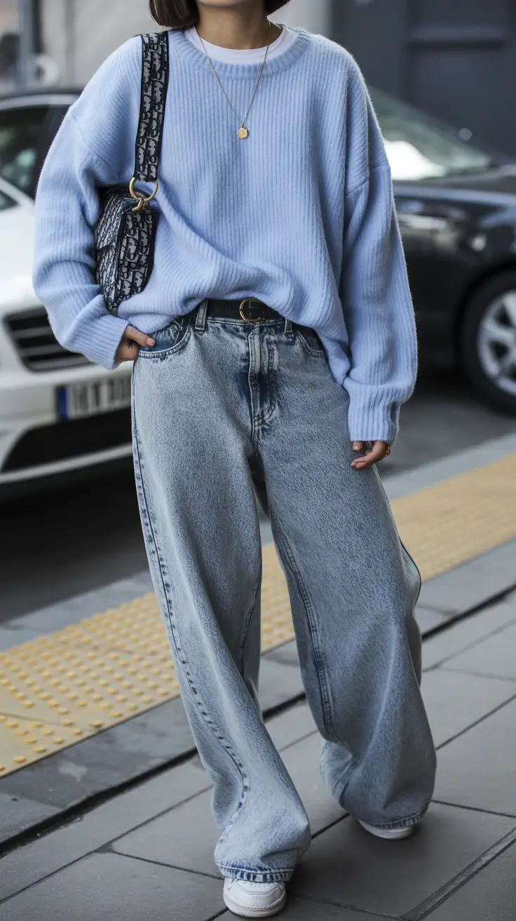 cute spring school outfits 2026 The Blue Sweater and Baggy Jeans Street Style Favorite