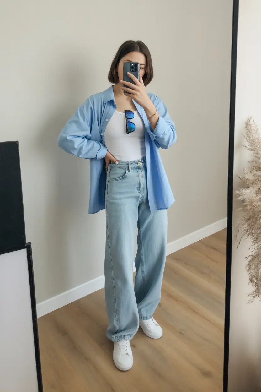 cute spring school outfits 2026 The Sky Blue Shirt and Relaxed Denim Uniform