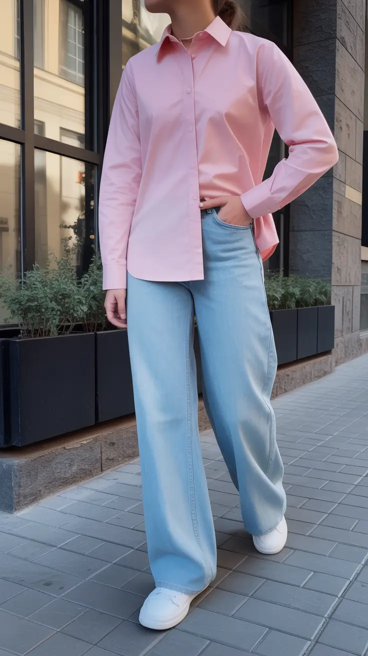 cute spring school outfits 2026 The Pink Button Up and Wide Leg Denim Glow
