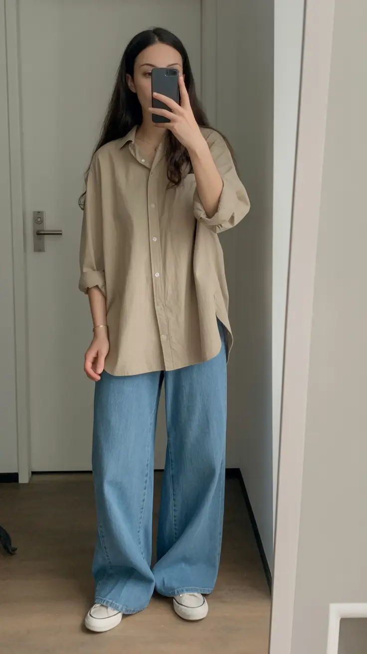 cute spring school outfits 2026 The Beige Oversized Shirt and Soft Denim Calm