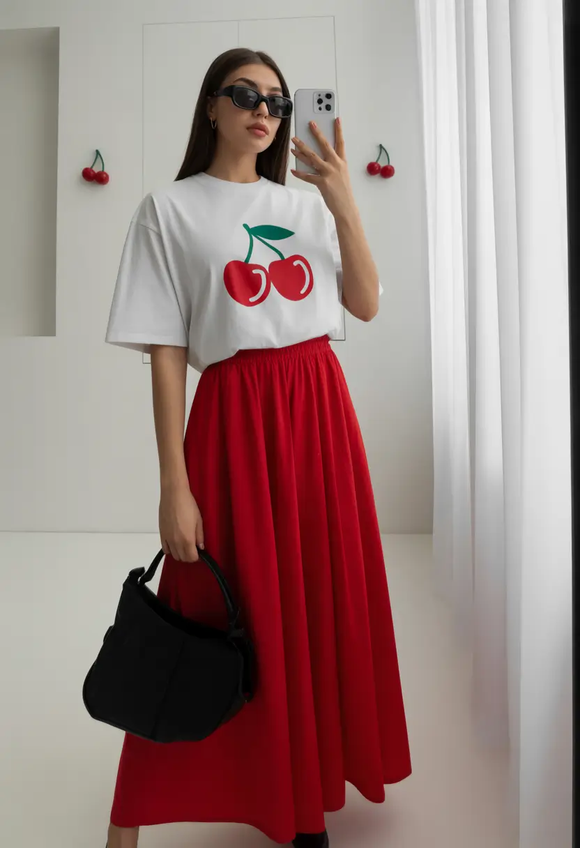 cute spring school outfits 2026 The Cherry Tee and Red Midi Skirt Playful Statement