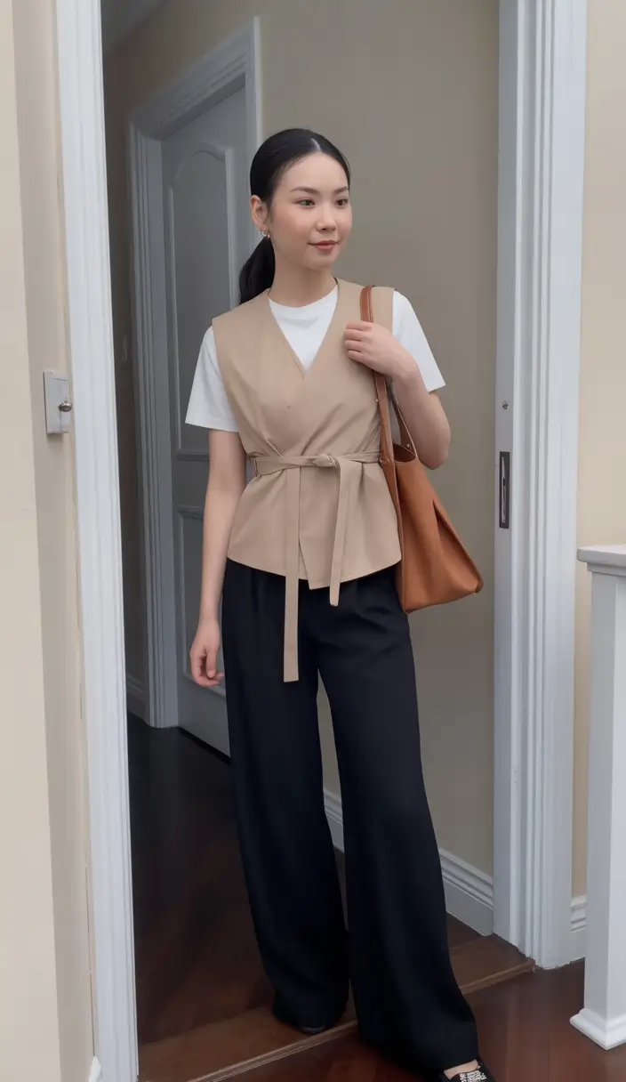 cute spring school outfits 2026 The Tailored Vest and Wide Leg Pants Clean Chic