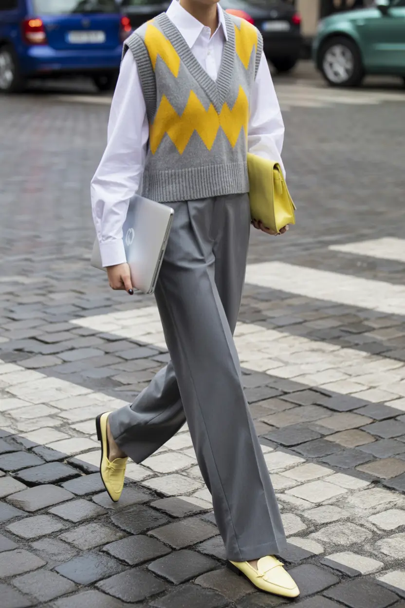 cute spring school outfits 2026 The Yellow Argyle Vest and Grey Trousers Bright Classic