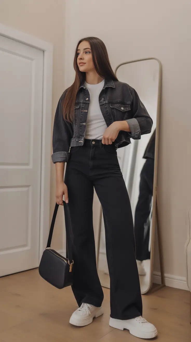 cute spring school outfits 2026 The Black Denim Jacket and Wide Leg Pants Cool Neutral