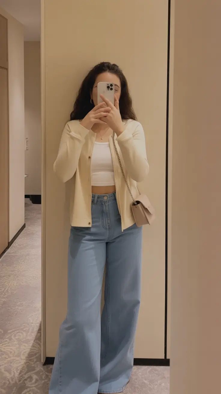 cute spring school outfits 2026 The Soft Cardigan and Wide Leg Jeans Look
