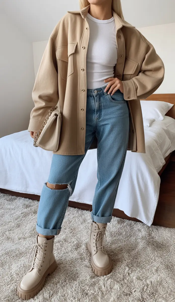 cute spring school outfits 2026 The Beige Shacket and Ripped Jeans Warm Street Style