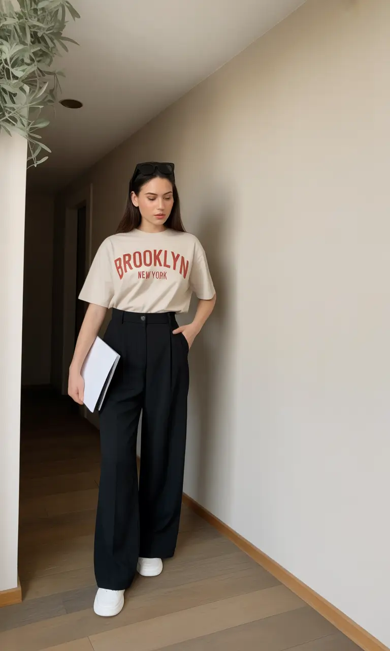 cute spring school outfits 2026 The Brooklyn Tee and Tailored Pants Cool Campus Energy