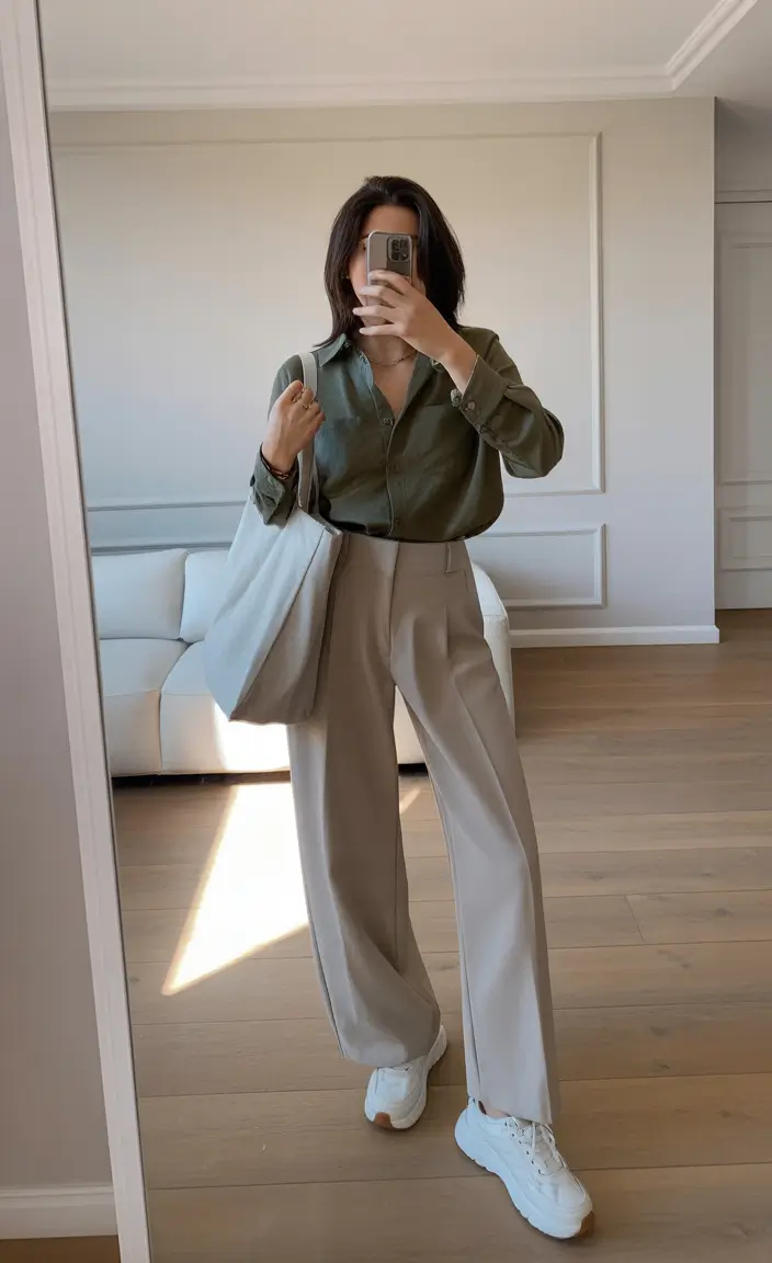 cute spring school outfits 2026 The Olive Shirt and Beige Trousers Power Look