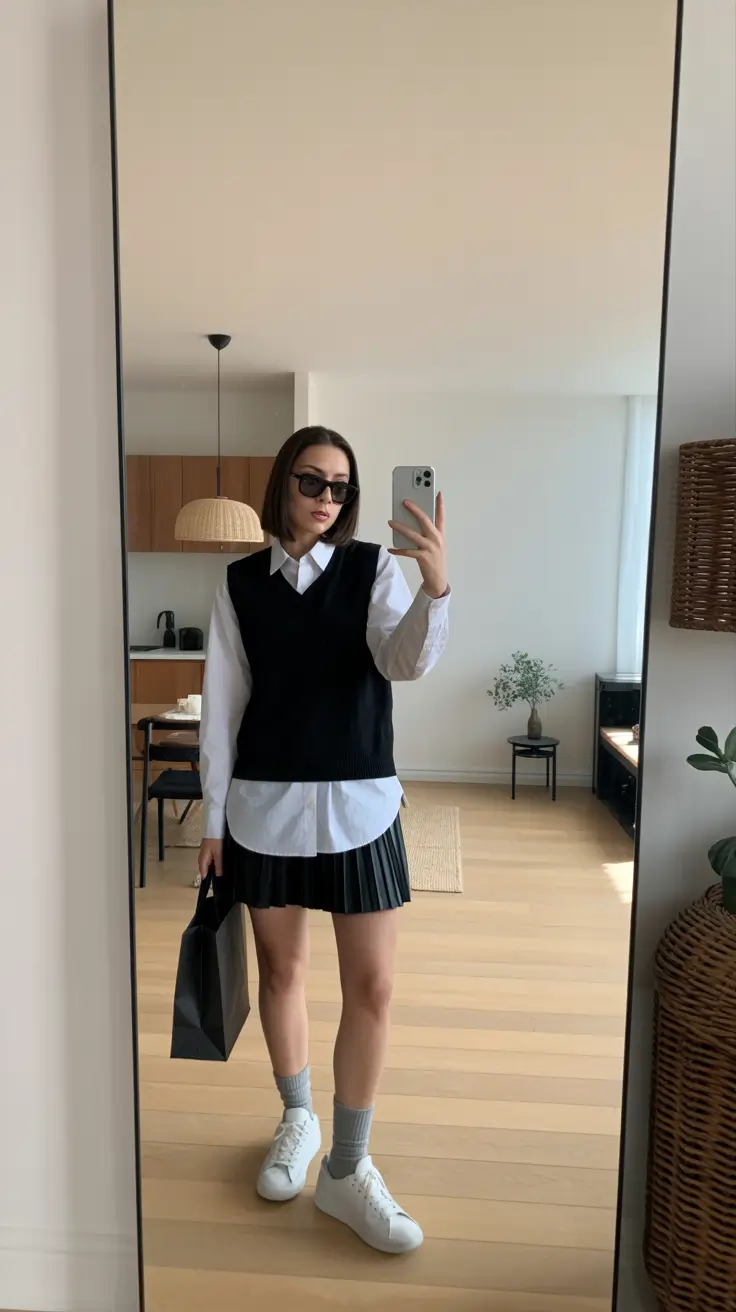 cute spring school outfits 2026 The Sweater Vest and Pleated Skirt Preppy Moment