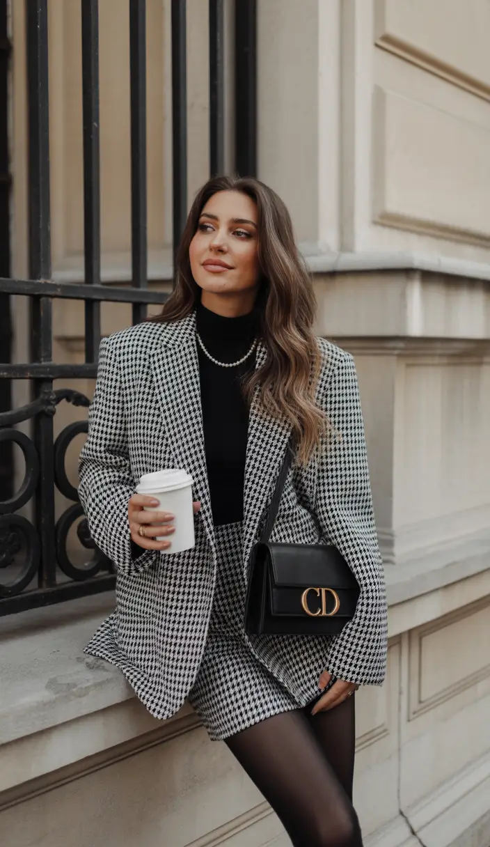 cute spring school outfits 2026 The Houndstooth Suit and Mini Skirt Confidence Look