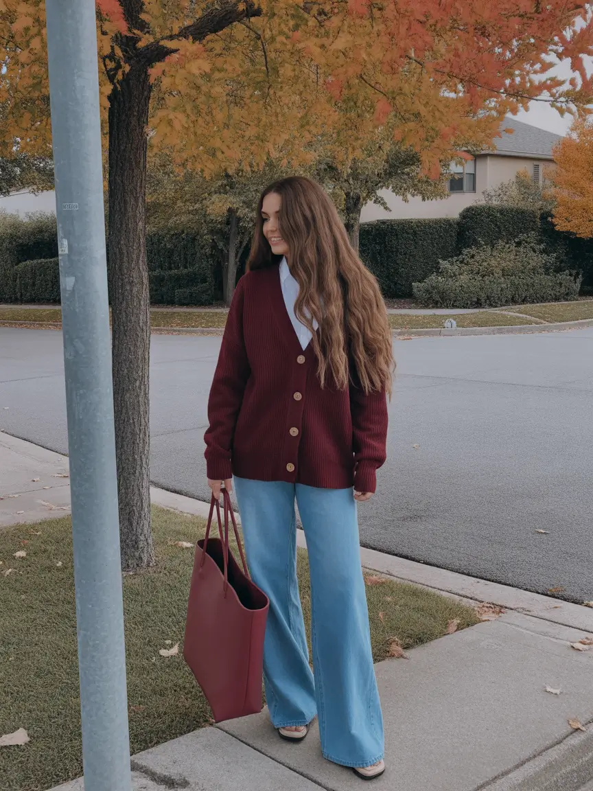 cute spring school outfits 2026 The Burgundy Cardigan and Flared Jeans Cozy Classic