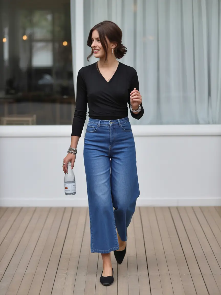 effortless spring looks 2026 Black Wrap Knit With Classic Wide Denim for Easy Spring Movement