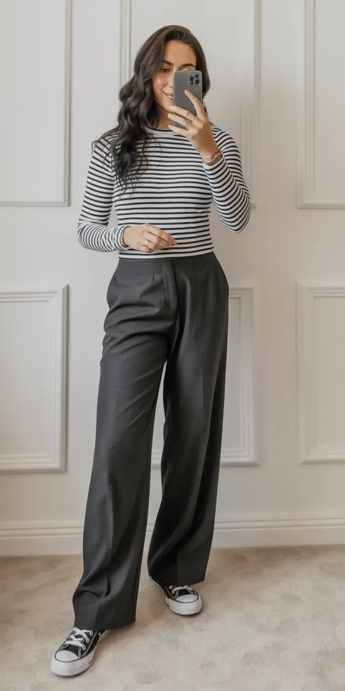 effortless spring looks 2026 Striped Parisian Ease With Tailored Dark Trousers