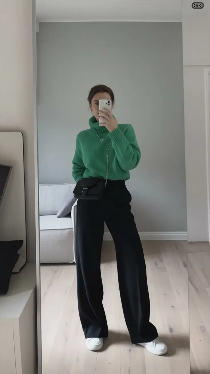effortless spring looks 2026 Bright Green Knit With Tailored Black Pants for Fresh Cold Mornings