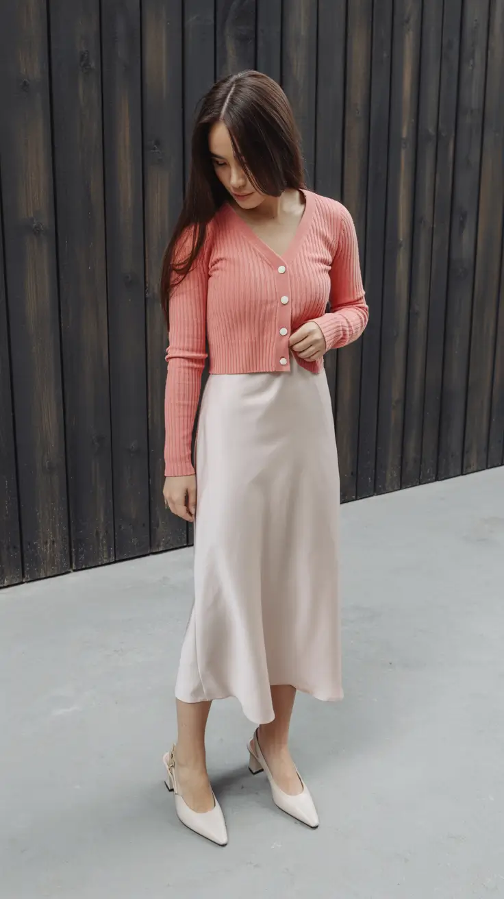 effortless spring looks 2026 Soft Peach Knit With a Flowing Satin Skirt