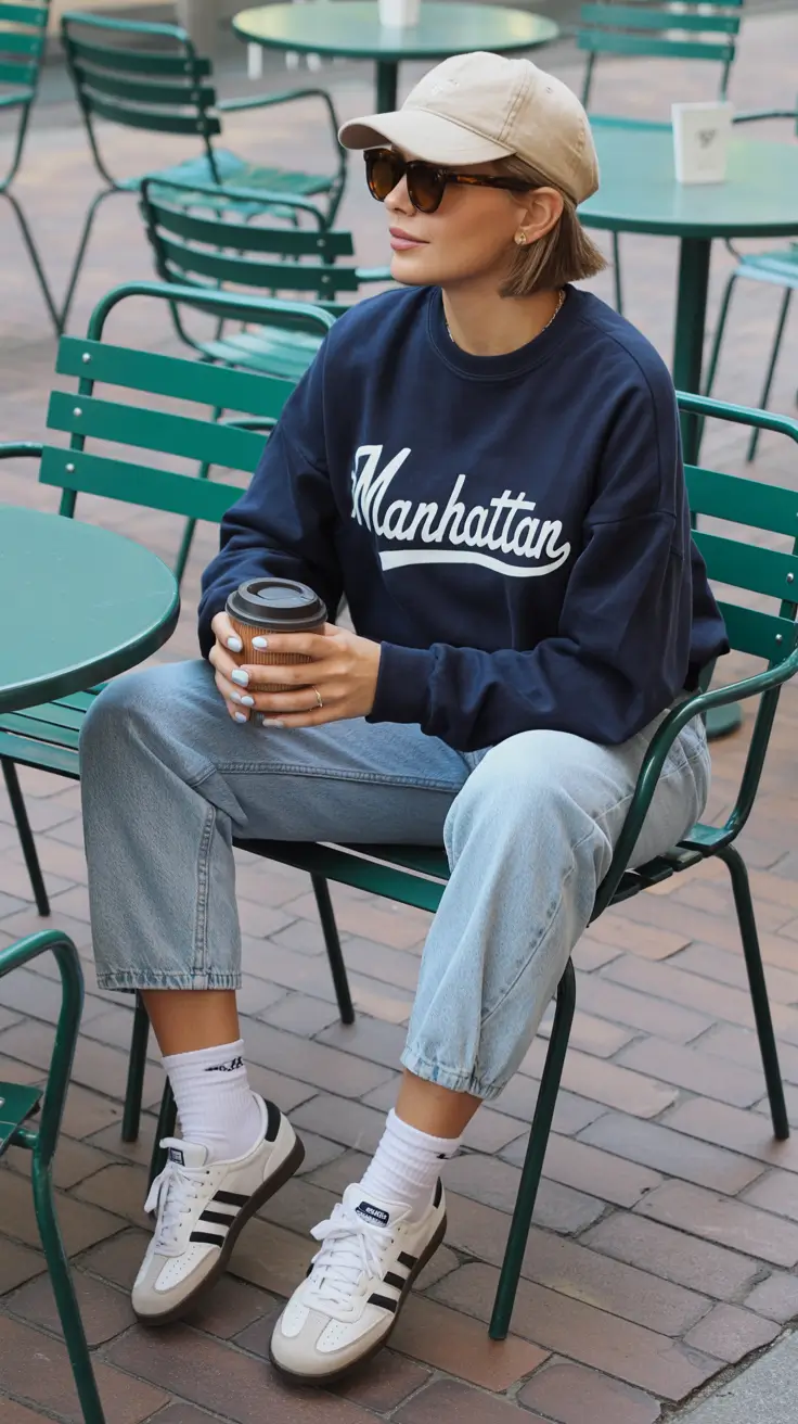 effortless spring looks 2026 Sporty Manhattan Sweatshirt With Light Retro Denim