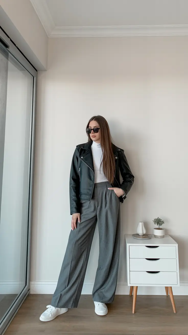 effortless spring looks 2026 Black Leather Jacket With Classic Grey Trousers