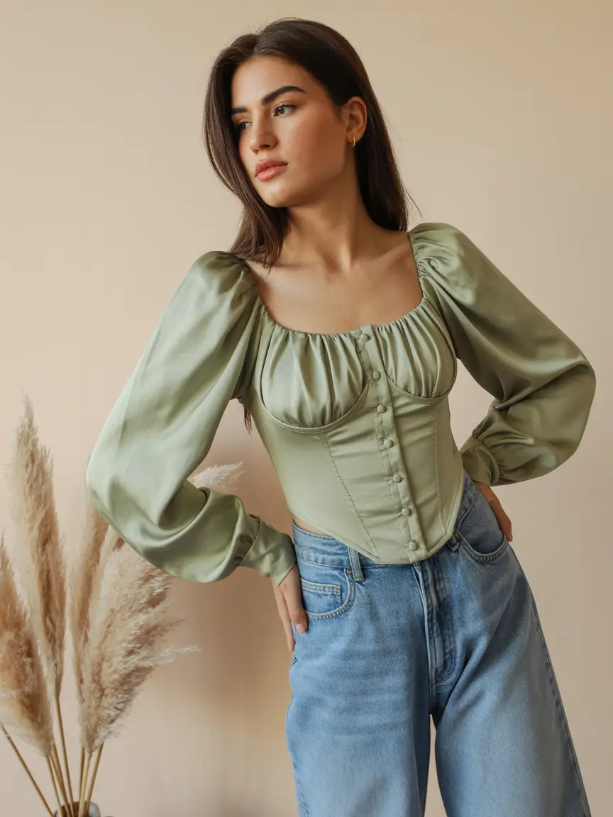 effortless spring looks 2026 Satin Sage Corset with Soft Blue Denim