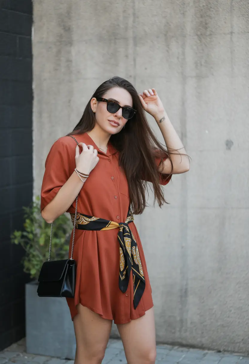effortless spring looks 2026 Rust Shirt Dress With a Silk Scarf Belt