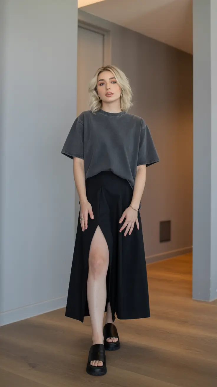 effortless spring looks 2026 Charcoal Tee With a Dramatic Black Skirt